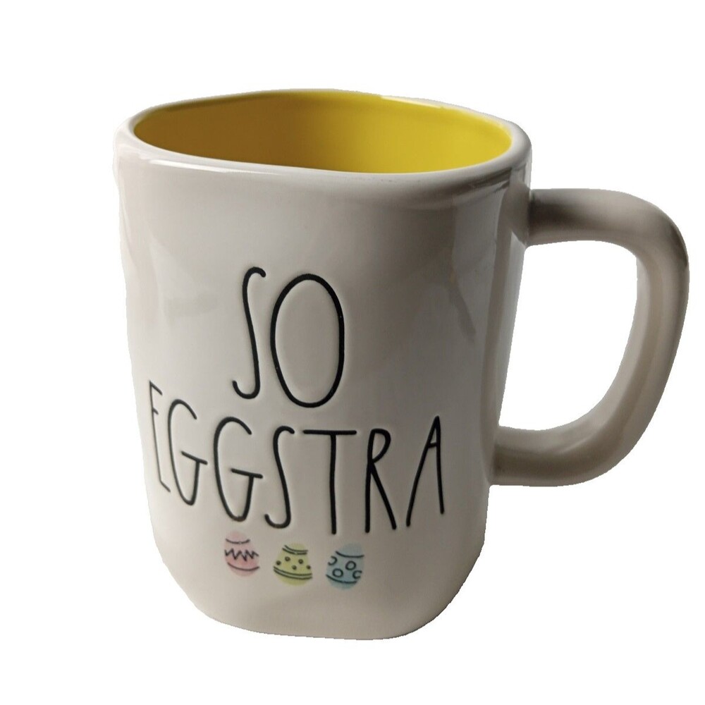 Rae Dunn SO EGGSTRA Yellow Interior Ceramic Coffee Cup Artisan Magenta